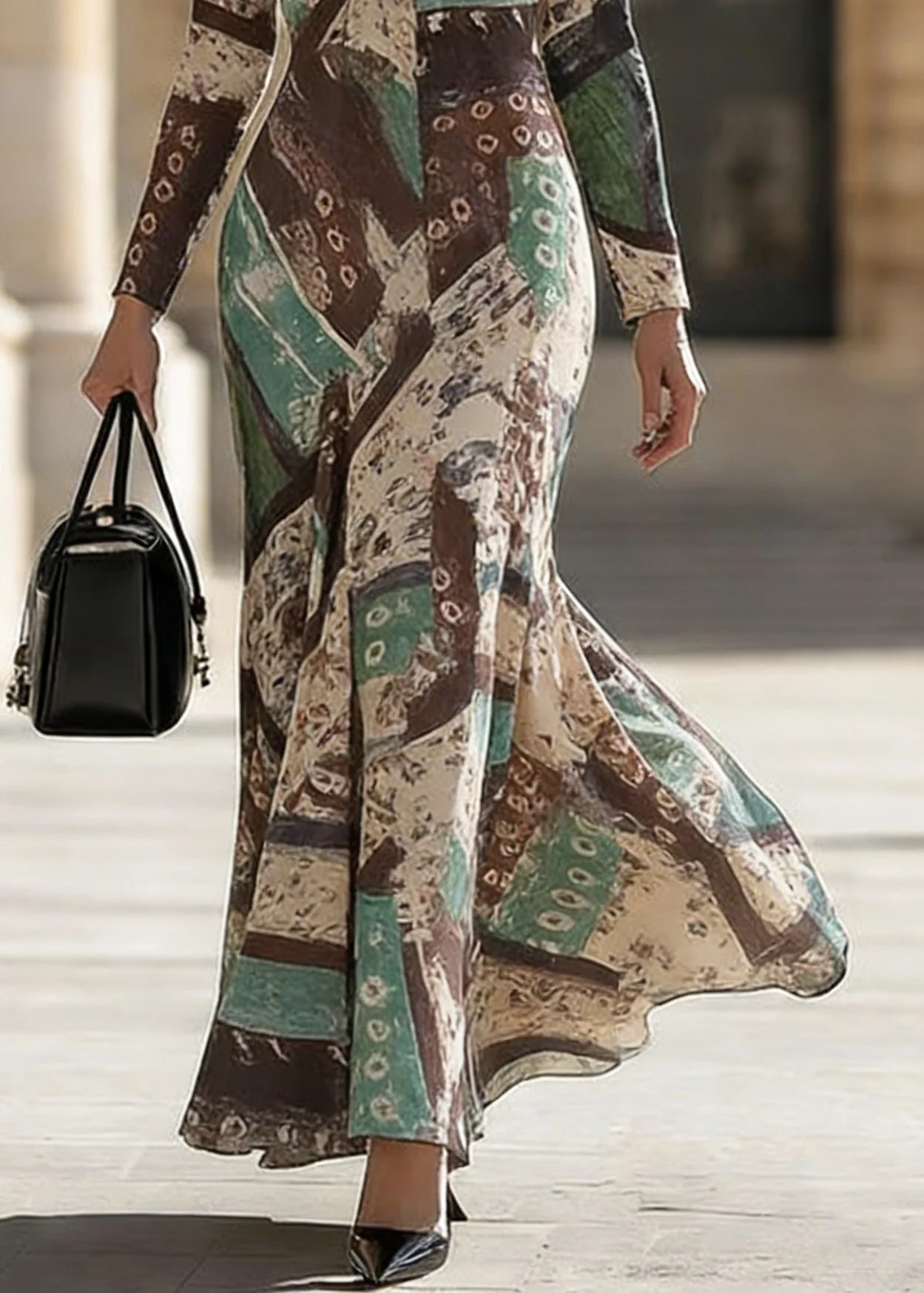 Slim Fit Green V Neck Print Long Dress Spring - Image 4