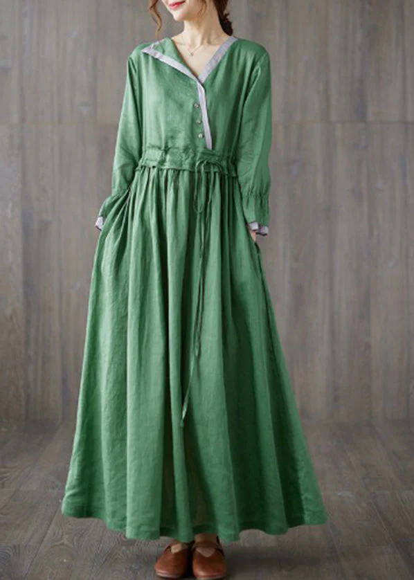 Slim Fit Green V Neck Tie Waist Asymmetrical Long Dress Long Sleeve - Image 3