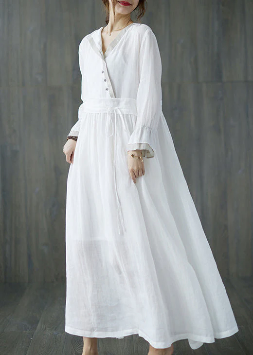Slim Fit Green V Neck Tie Waist Asymmetrical Long Dress Long Sleeve - Image 4