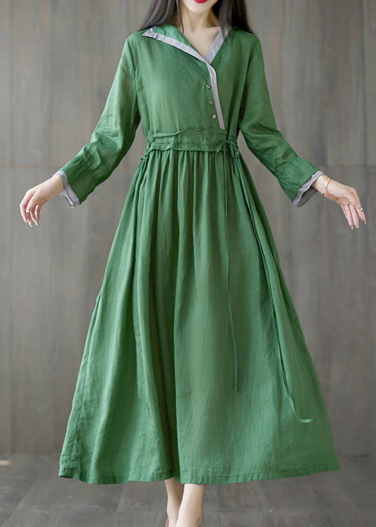 Slim Fit Green V Neck Tie Waist Asymmetrical Long Dress Long Sleeve - Image 5