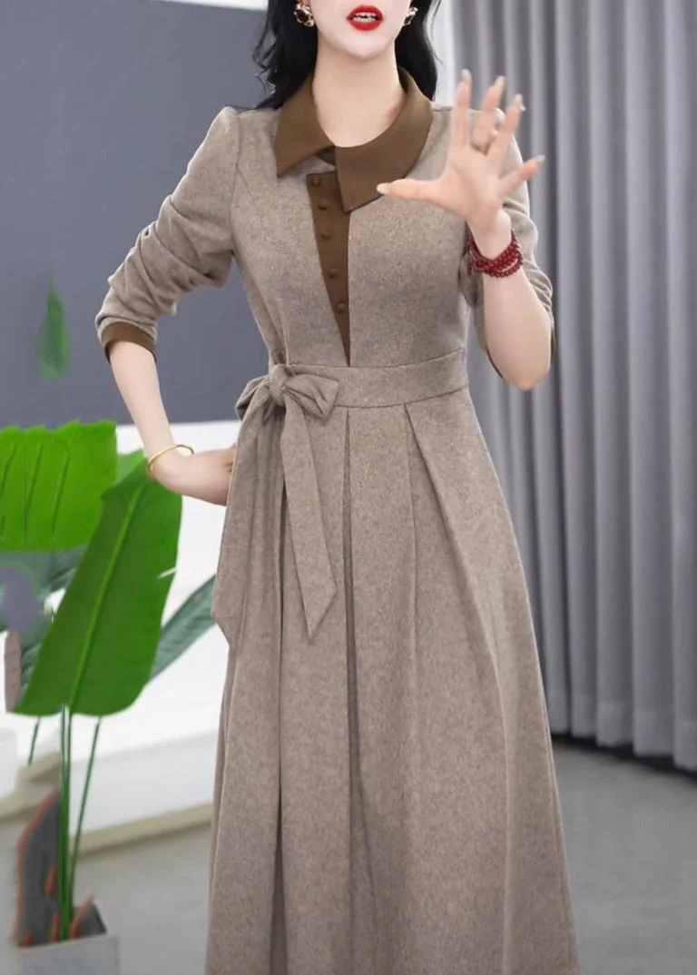 Slim Fit Grey Asymmetrical Tie Waist Maxi Dress Winter - Image 2