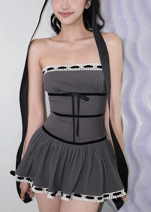 Slim Fit Grey Cold Shoulder Bow Cotton Mini Dress Sleeveless - Image 2