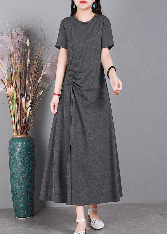 Slim Fit Grey O-Neck Cotton Long Dresses Short Sleeve - Image 2