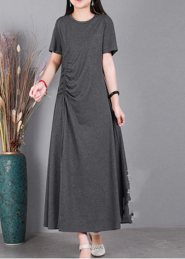 Slim Fit Grey O-Neck Cotton Long Dresses Short Sleeve - Image 3
