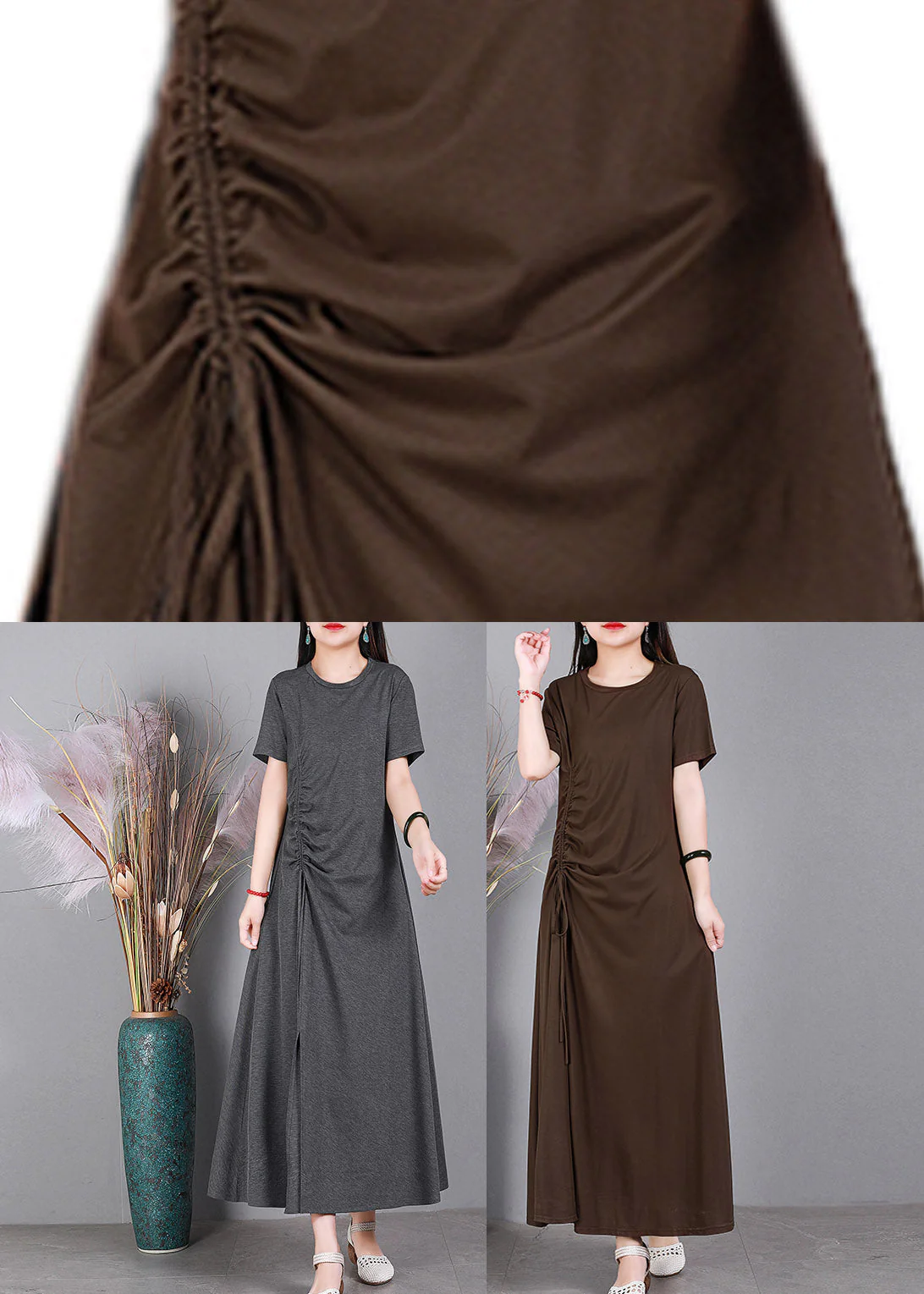 Slim Fit Grey O-Neck Cotton Long Dresses Short Sleeve - Image 5