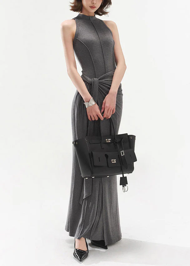 Slim Fit Grey Original Design Tie Waist Cotton Long Dresses Sleeveless