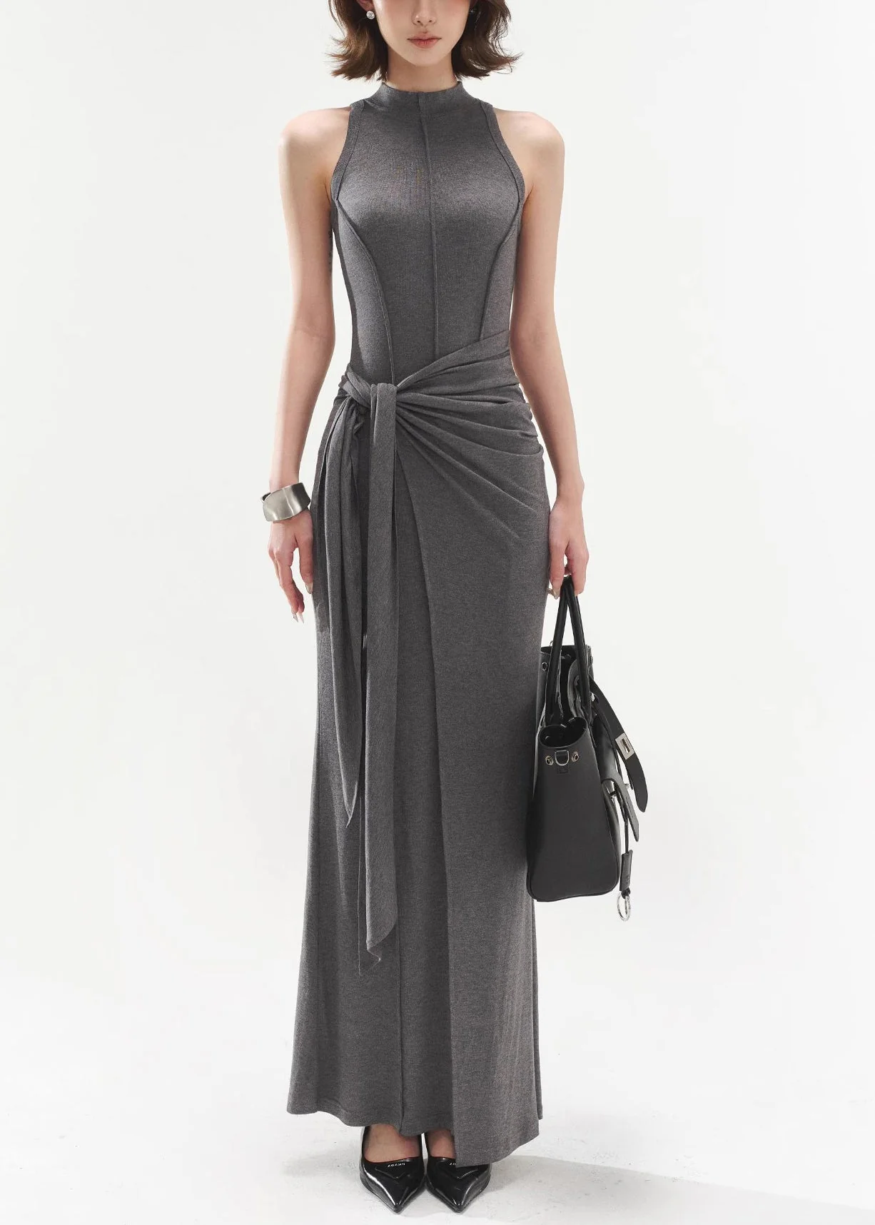 Slim Fit Grey Original Design Tie Waist Cotton Long Dresses Sleeveless - Image 2