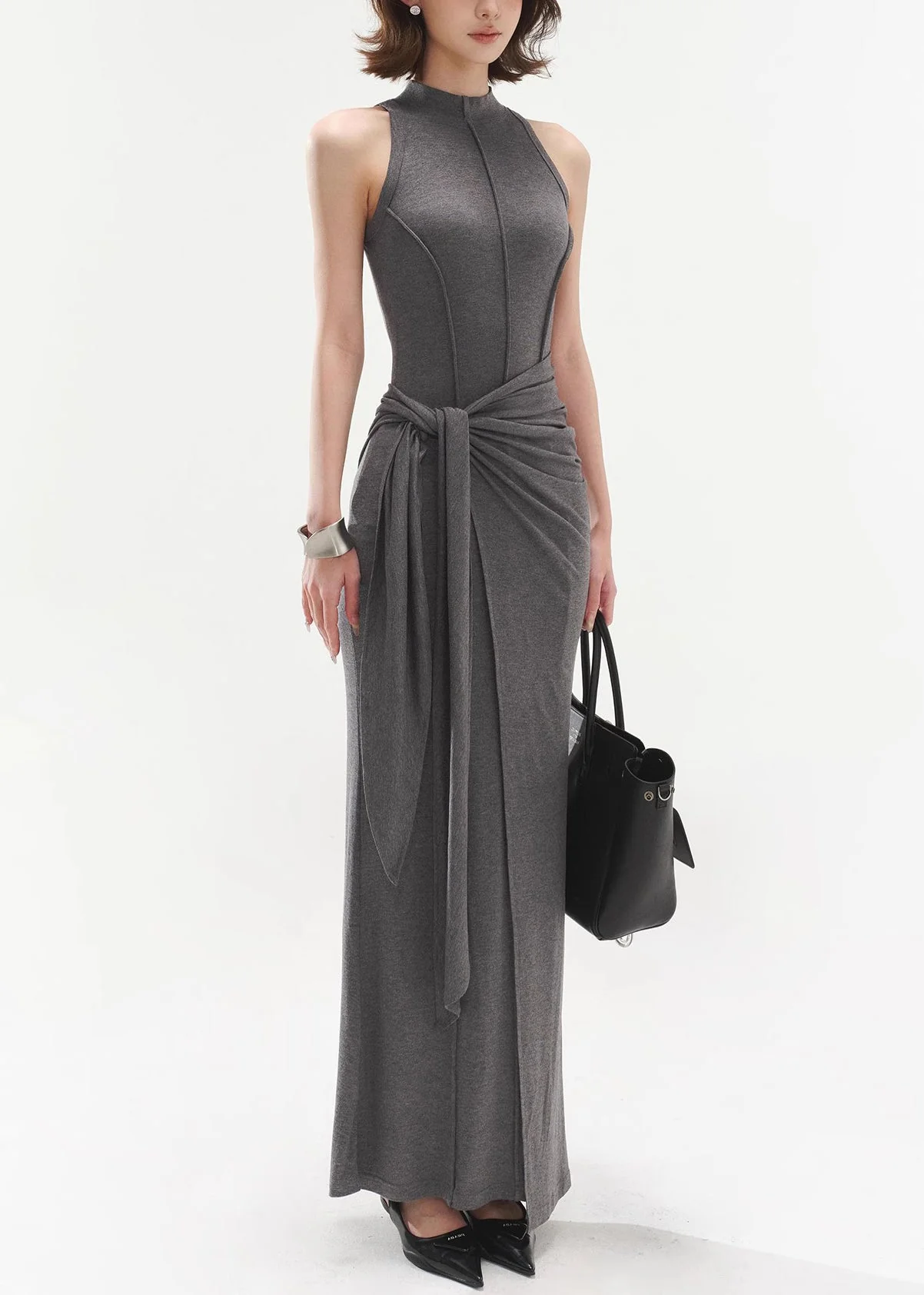 Slim Fit Grey Original Design Tie Waist Cotton Long Dresses Sleeveless - Image 3