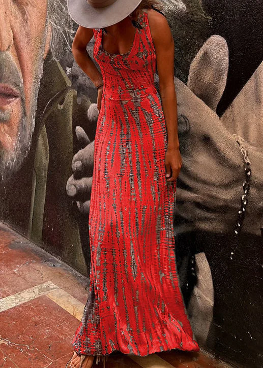 Slim Fit Grey Print Original Design Cotton Maxi Dress Sleeveless - Image 2