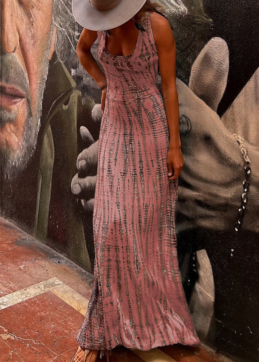 Slim Fit Grey Print Original Design Cotton Maxi Dress Sleeveless - Image 4