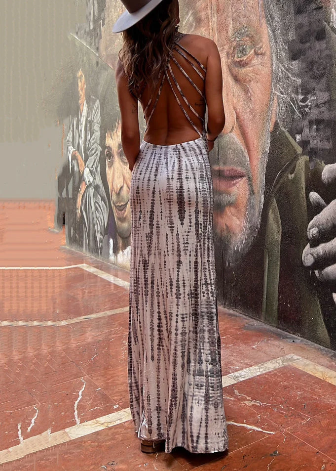 Slim Fit Grey Print Original Design Cotton Maxi Dress Sleeveless - Image 5