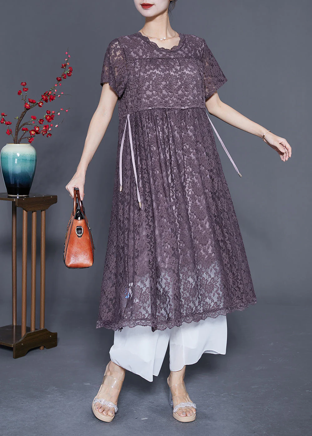 Slim Fit Grey Purple Cinched Hollow Out Lace Dress Summer - Image 2