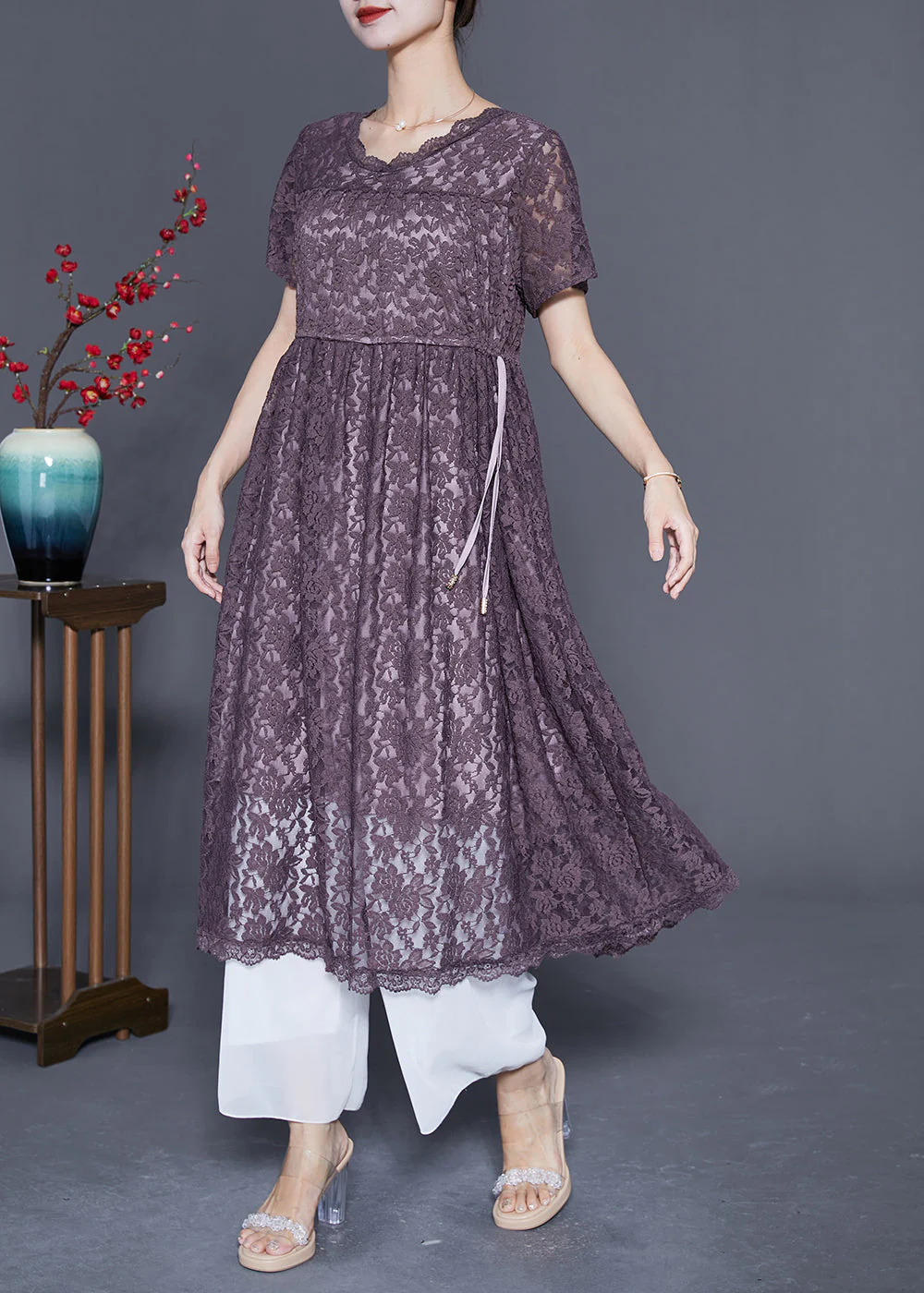 Slim Fit Grey Purple Cinched Hollow Out Lace Dress Summer - Image 3