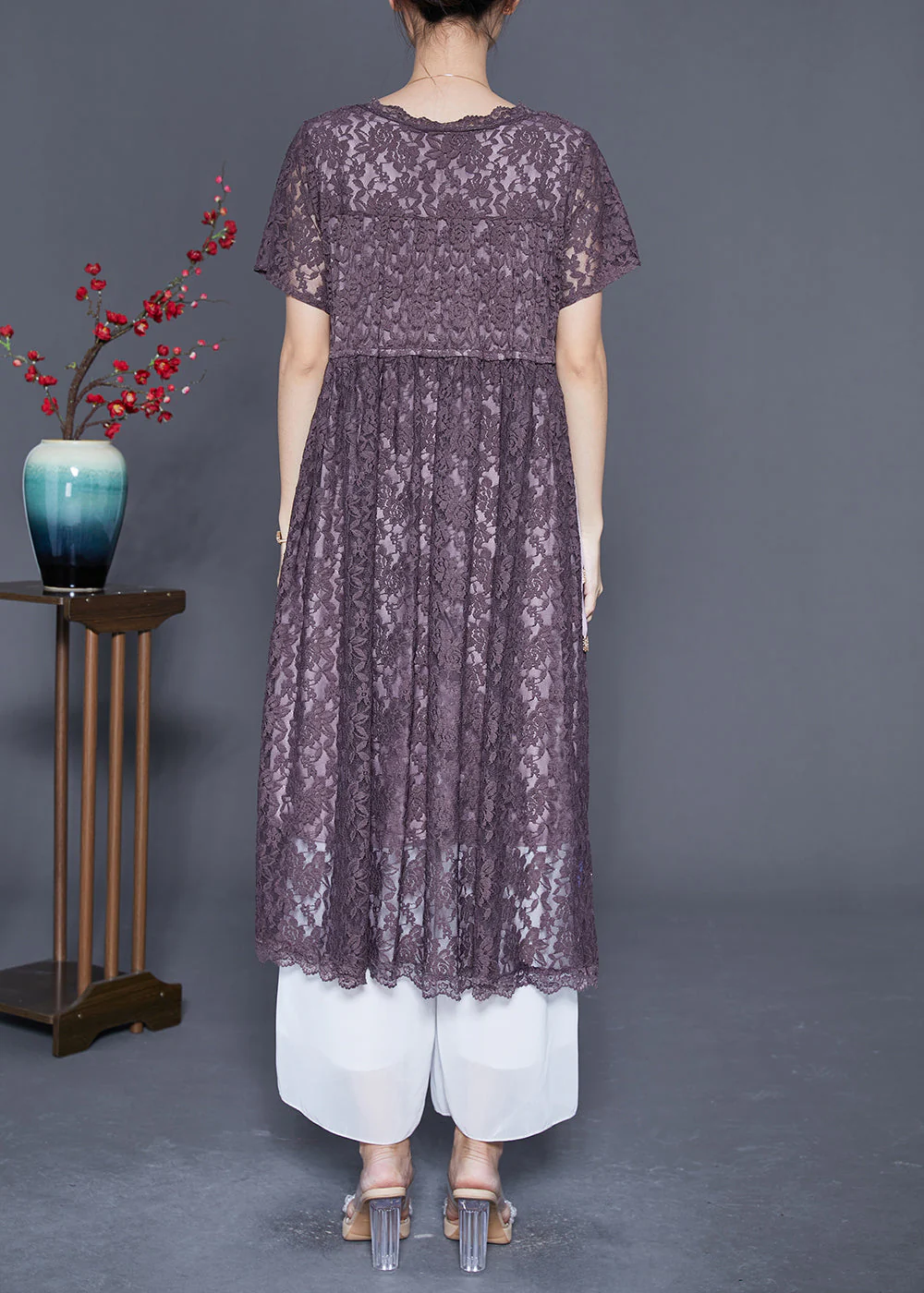 Slim Fit Grey Purple Cinched Hollow Out Lace Dress Summer - Image 4