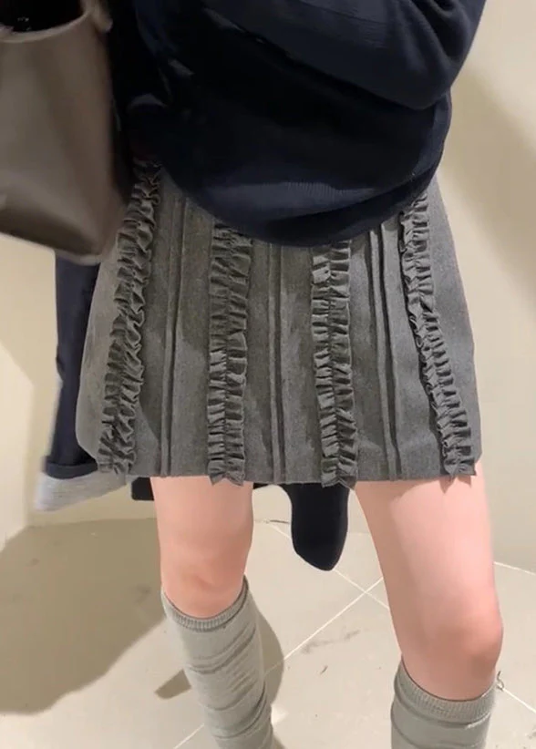 Slim Fit Grey Ruffled High Waist Woolen Skirts Fall - Image 2