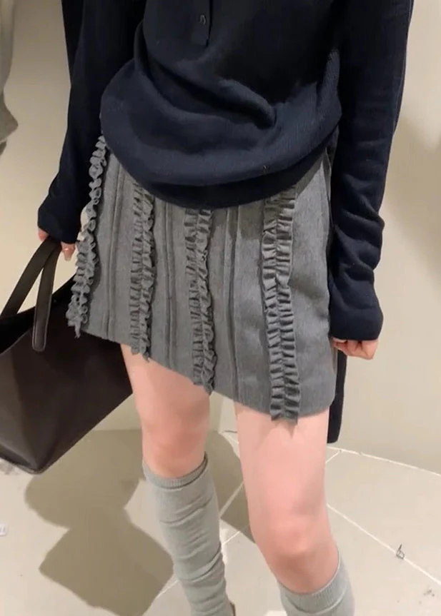 Slim Fit Grey Ruffled High Waist Woolen Skirts Fall - Image 5
