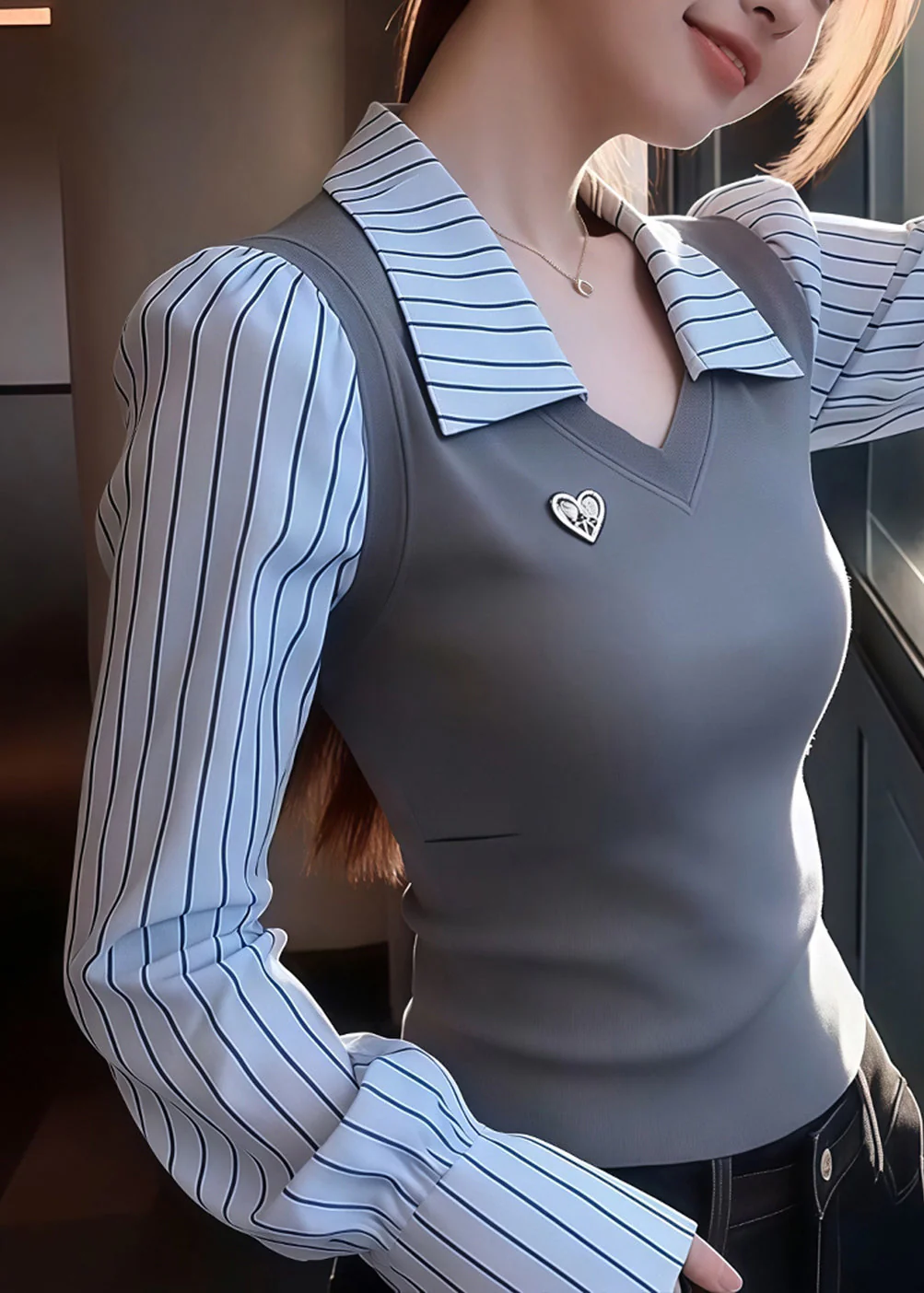 Slim Fit Grey Striped False Two Pieces Patchwork Knit Sweaters Winter - Image 3