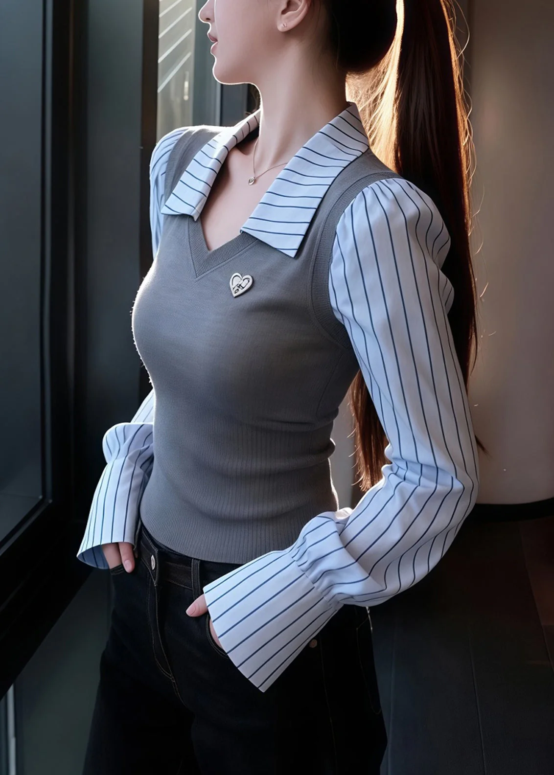 Slim Fit Grey Striped False Two Pieces Patchwork Knit Sweaters Winter - Image 4