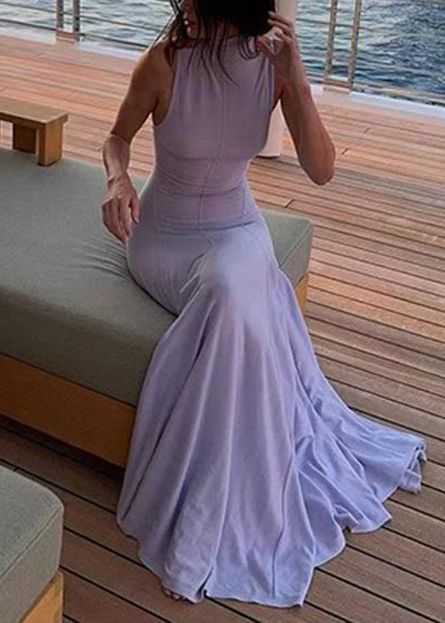 Slim Fit Grey Turtleneck Backless Cotton Long Dress Sleeveless - Image 2
