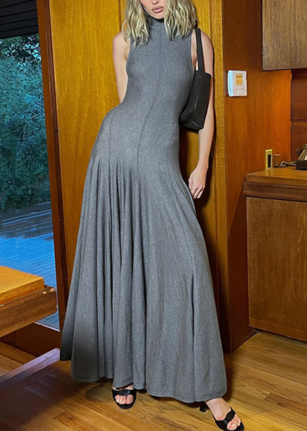 Slim Fit Grey Turtleneck Backless Cotton Long Dress Sleeveless - Image 3