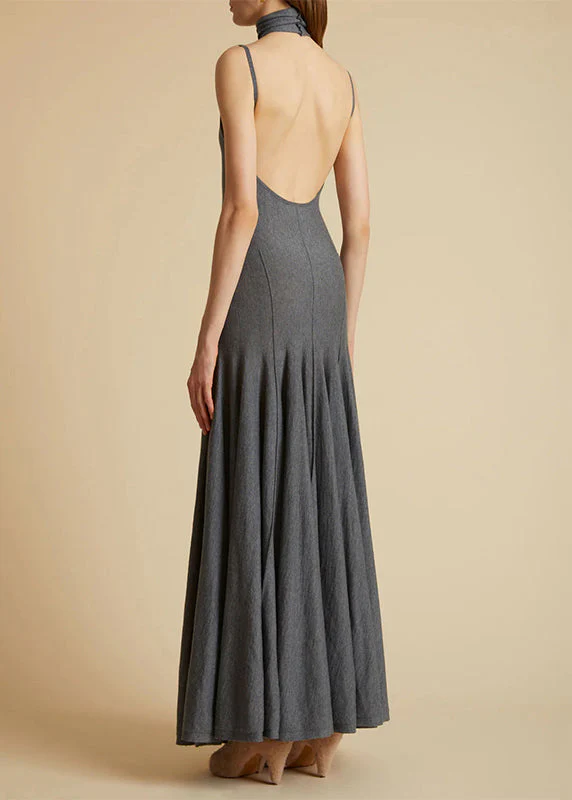 Slim Fit Grey Turtleneck Backless Cotton Long Dress Sleeveless - Image 5