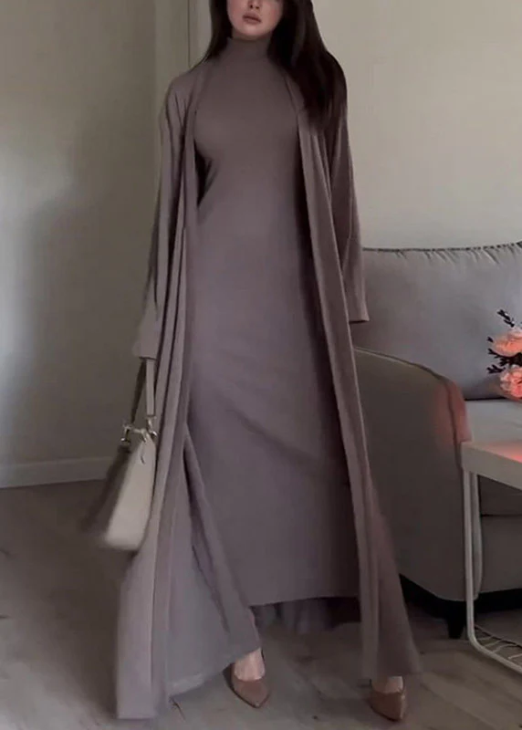 Slim Fit Grey Turtleneck Solid Cardigans And Long Dress Two Piece Set Fall