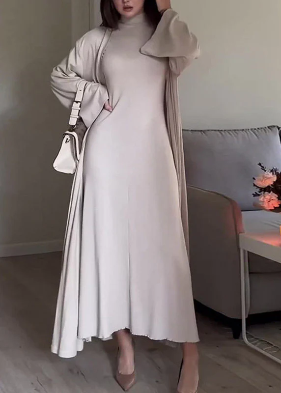 Slim Fit Grey Turtleneck Solid Cardigans And Long Dress Two Piece Set Fall - Image 2