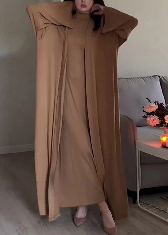 Slim Fit Grey Turtleneck Solid Cardigans And Long Dress Two Piece Set Fall - Image 3