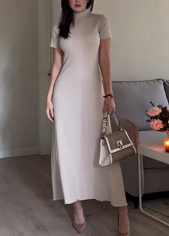 Slim Fit Grey Turtleneck Solid Cardigans And Long Dress Two Piece Set Fall - Image 4