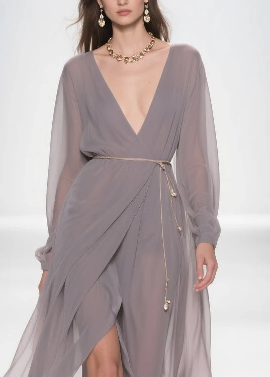 Slim Fit Grey V Neck Side Open Chiffon Long Dress - Image 2