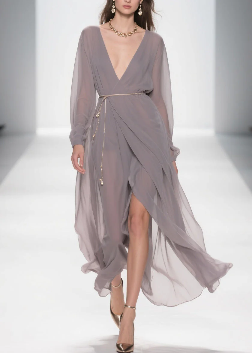 Slim Fit Grey V Neck Side Open Chiffon Long Dress - Image 3