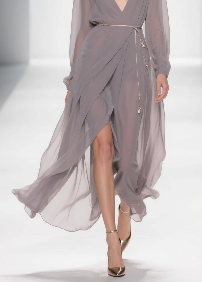 Slim Fit Grey V Neck Side Open Chiffon Long Dress - Image 4