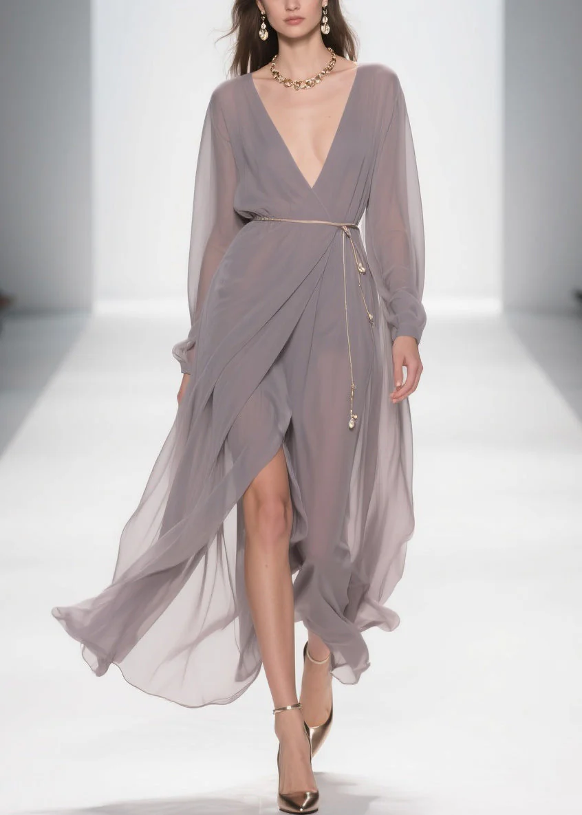 Slim Fit Grey V Neck Side Open Chiffon Long Dress - Image 5