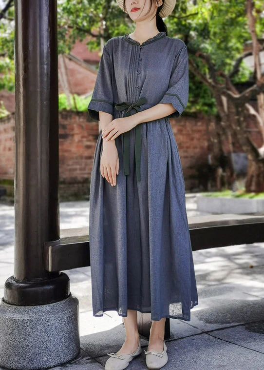 Slim Fit Grey Wrinkled Bow Ruffled Linen Vacation Dresses Half Sleeve - Image 3