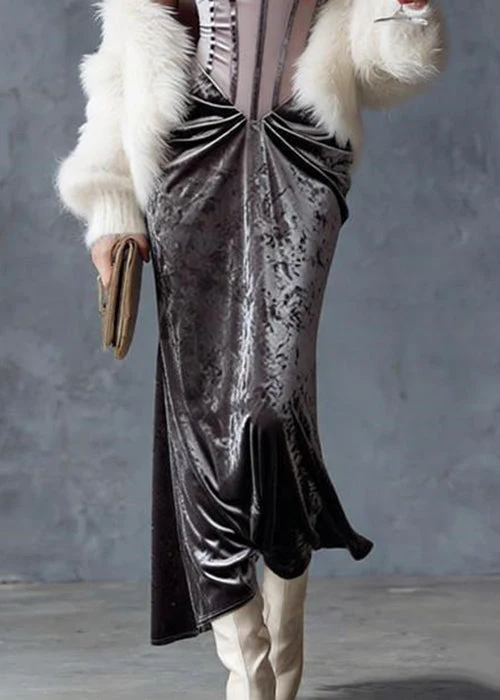 Slim Fit Grey Wrinkled Tulle Patchwork Spaghetti Strap Dress Sleeveless - Image 4