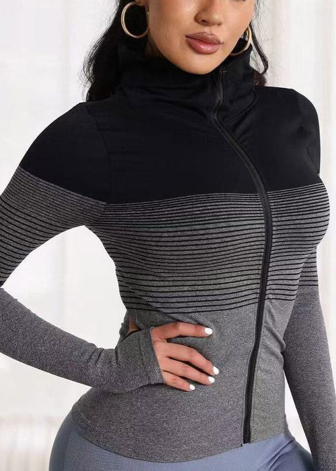 Slim Fit Grey Zippered Striped Yoga Top Spring - Image 3