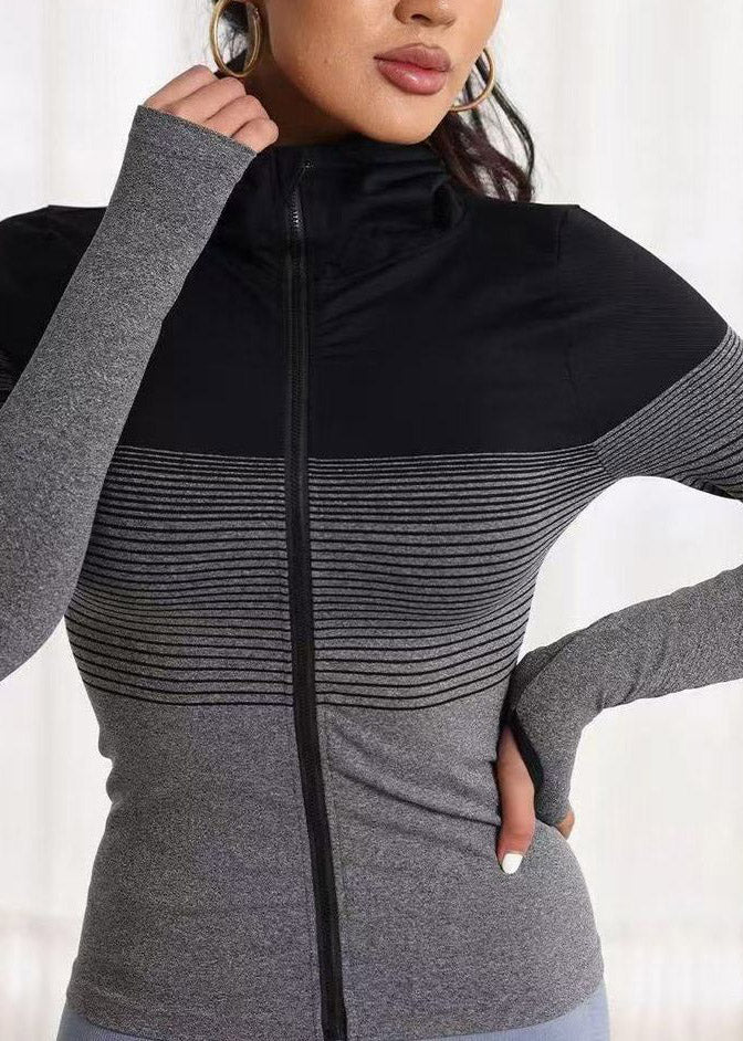 Slim Fit Grey Zippered Striped Yoga Top Spring - Image 4