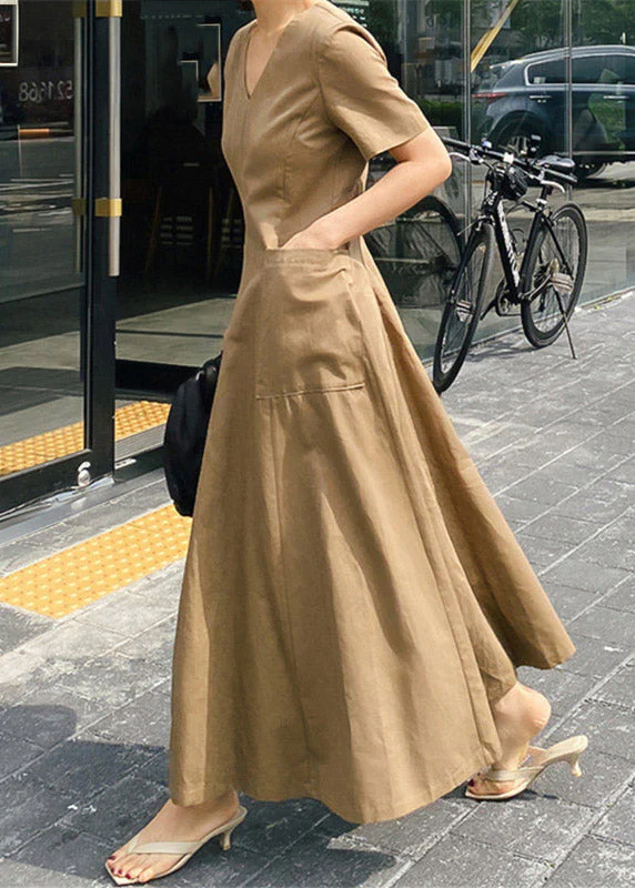 Slim Fit Khaki V Neck Pockets Cotton Long Dress Short Sleeve - Image 2