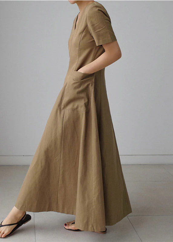 Slim Fit Khaki V Neck Pockets Cotton Long Dress Short Sleeve - Image 3