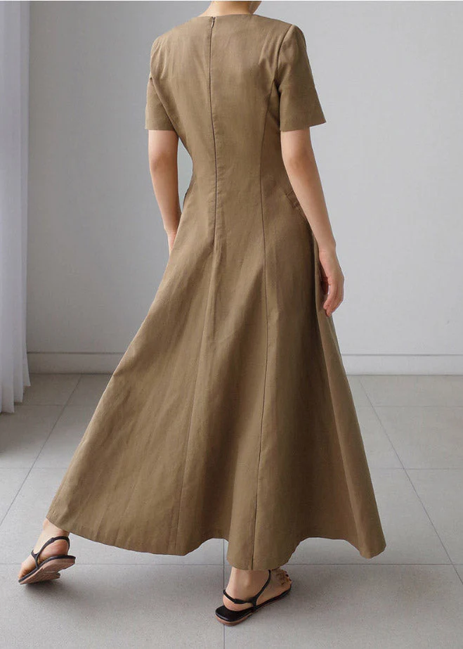 Slim Fit Khaki V Neck Pockets Cotton Long Dress Short Sleeve - Image 4