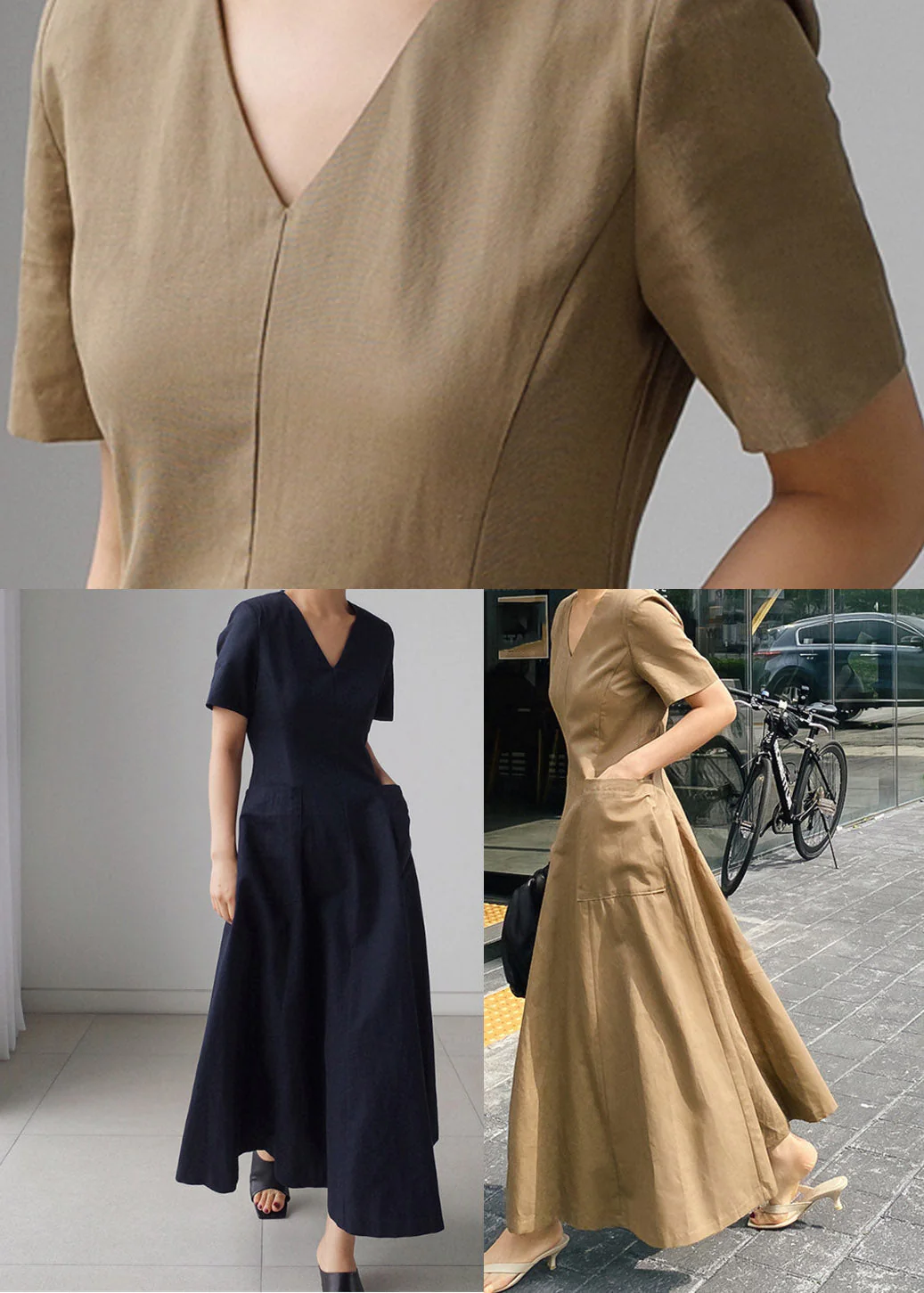 Slim Fit Khaki V Neck Pockets Cotton Long Dress Short Sleeve - Image 5