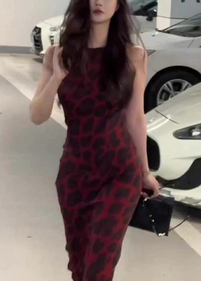 Slim Fit Leopard O Neck High Waist Cotton Dress Sleeveless - Image 2