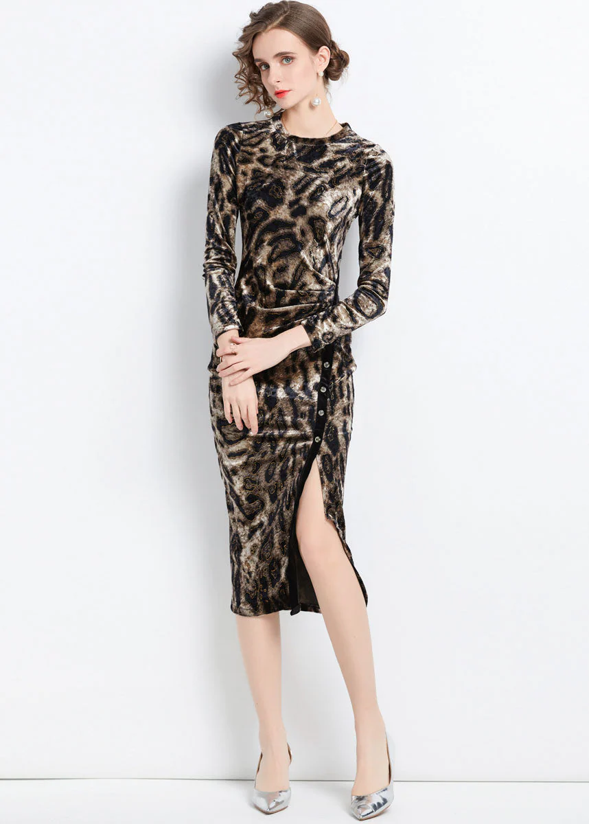Slim Fit Leopard Print Side Open Wraped Silk Velour Dress Fall - Image 2