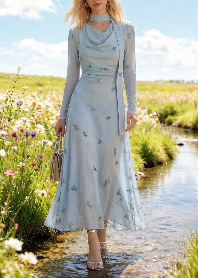 Slim Fit Light Blue Bow Print Cinched Tulle Long Dress Spring - Image 5