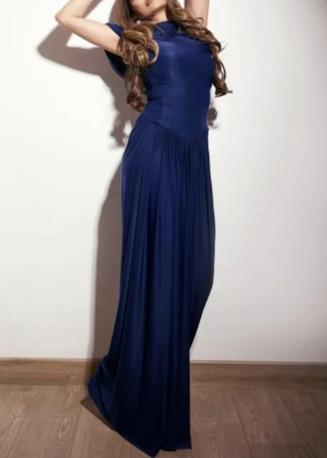 Slim Fit Light Blue Wrinkled High Waist Solid Cotton Maxi Dresses Summer - Image 2