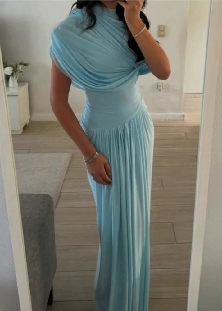 Slim Fit Light Blue Wrinkled High Waist Solid Cotton Maxi Dresses Summer - Image 4