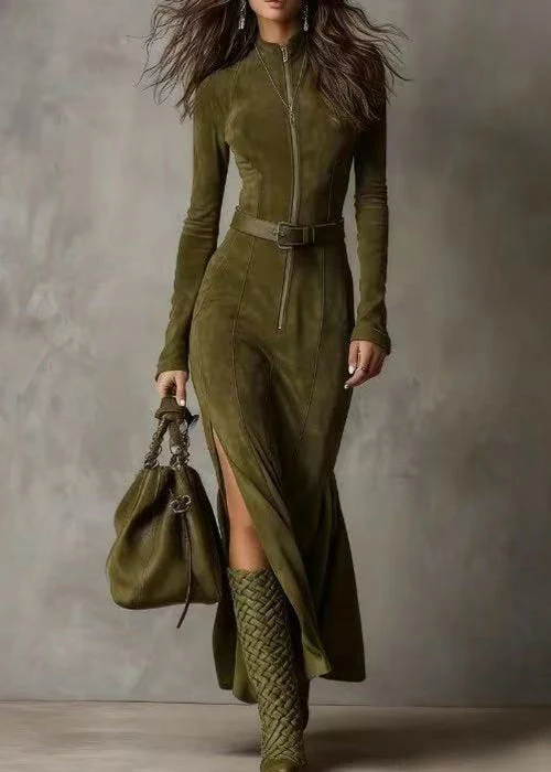 Slim Fit Light Camel Zip Up Side Open Faux Suede Dresses Spring - Image 3