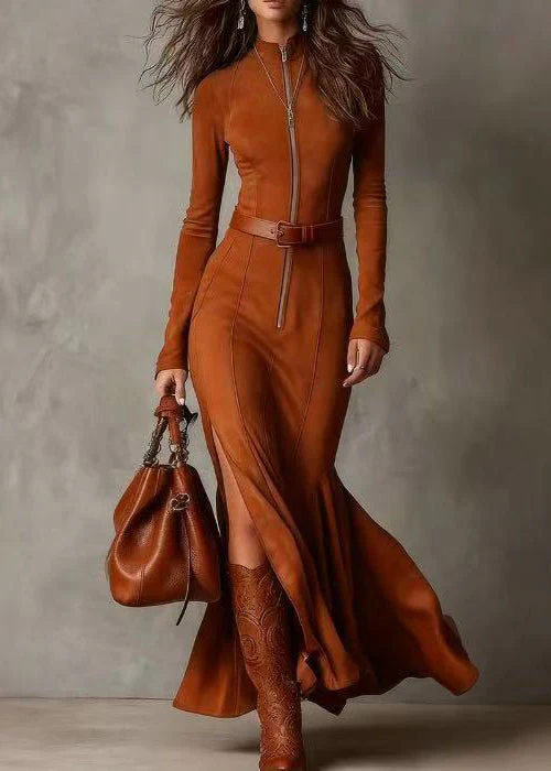 Slim Fit Light Camel Zip Up Side Open Faux Suede Dresses Spring - Image 4