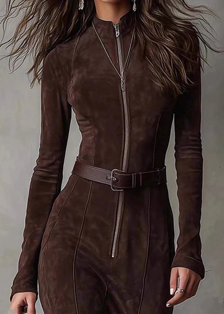 Slim Fit Light Camel Zip Up Side Open Faux Suede Dresses Spring - Image 5
