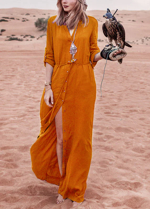 Slim Fit Mulberry-cashew pattern V Neck Tie Waist Button Ankle Holiday Dress Long Sleeve - Image 7